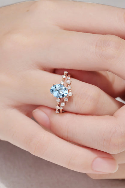 Unique Oval Cut Aquamarine Pearl Captivating Engagement Ring Set 2pcs