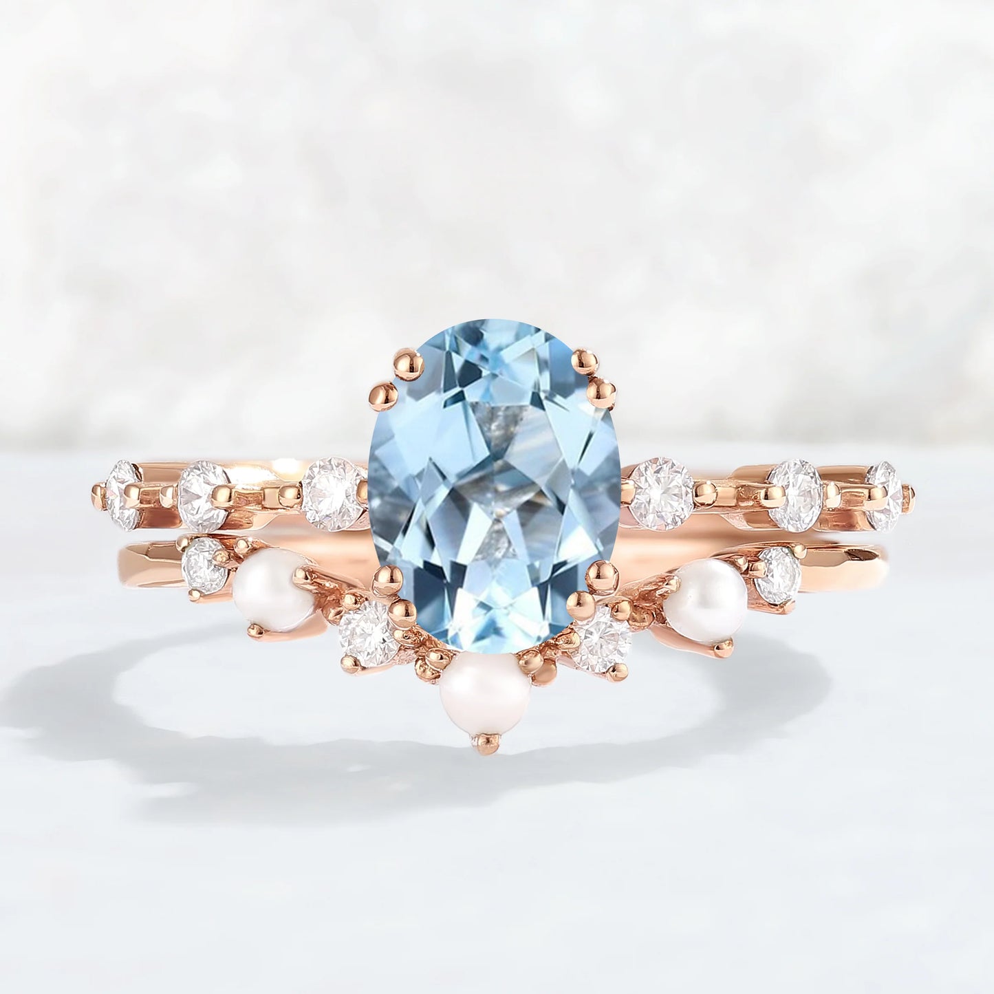 Unique Oval Cut Aquamarine Pearl Captivating Engagement Ring Set 2pcs