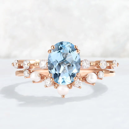 Unique Oval Cut Aquamarine Pearl Captivating Engagement Ring Set 2pcs