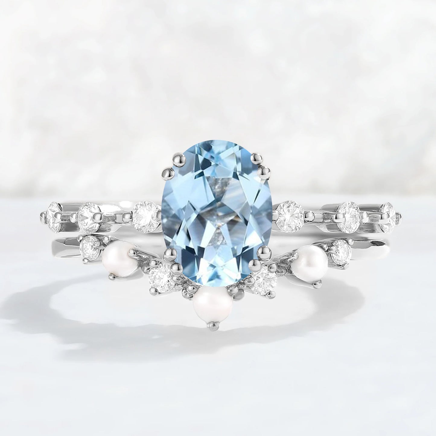 Unique Oval Cut Aquamarine Pearl Captivating Engagement Ring Set 2pcs