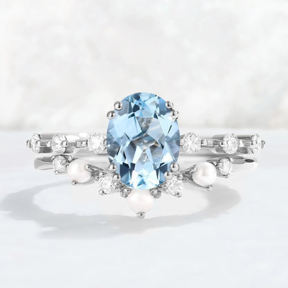 Unique Oval Cut Aquamarine Pearl Captivating Engagement Ring Set 2pcs