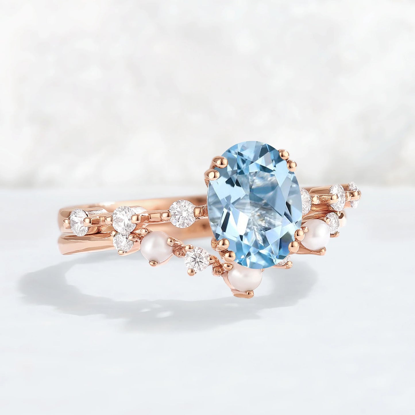 Unique Oval Cut Aquamarine Pearl Captivating Engagement Ring Set 2pcs