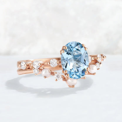 Unique Oval Cut Aquamarine Pearl Captivating Engagement Ring Set 2pcs