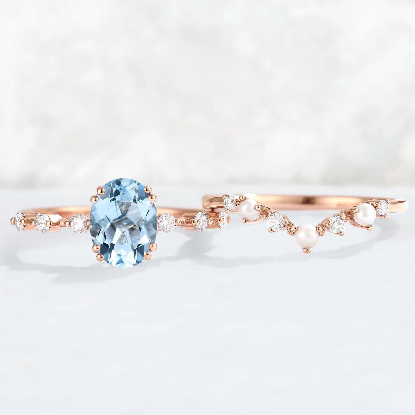 Unique Oval Cut Aquamarine Pearl Captivating Engagement Ring Set 2pcs