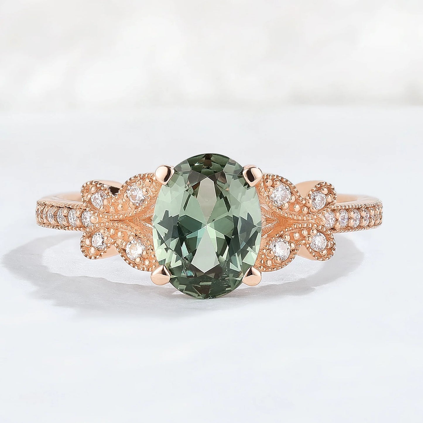 Unique Oval Cut Green Sapphire Butterfly Beaded Edge Gemstone Ring