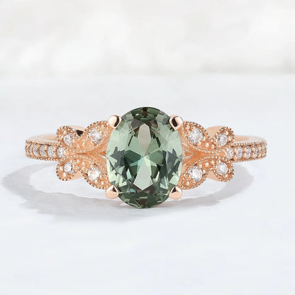 Unique Oval Cut Green Sapphire Butterfly Beaded Edge Gemstone Ring