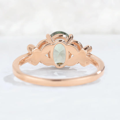 Unique Oval Cut Green Sapphire Butterfly Beaded Edge Gemstone Ring