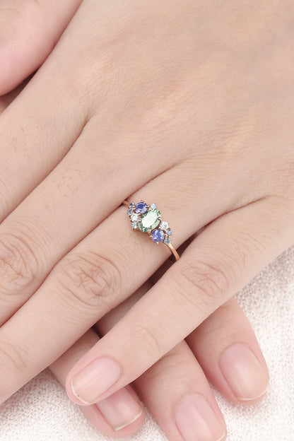 Unique Oval Cut Green Sapphire Cluster Gemstone Ring