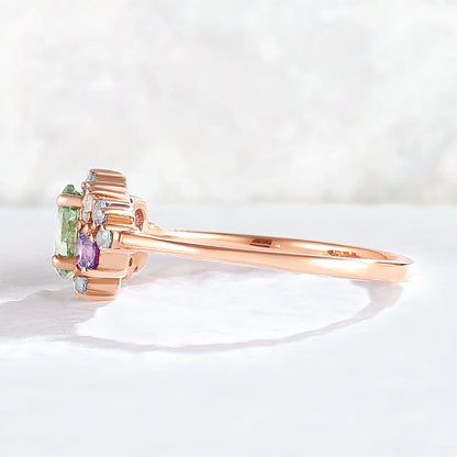 Unique Oval Cut Green Sapphire Cluster Gemstone Ring