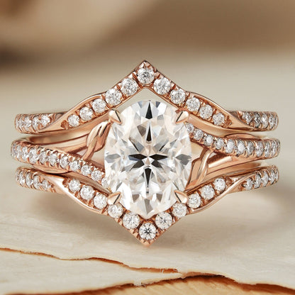 Unique Oval Cut Moissanite Enhancer Leaf Gemstone Ring Set 2pcs