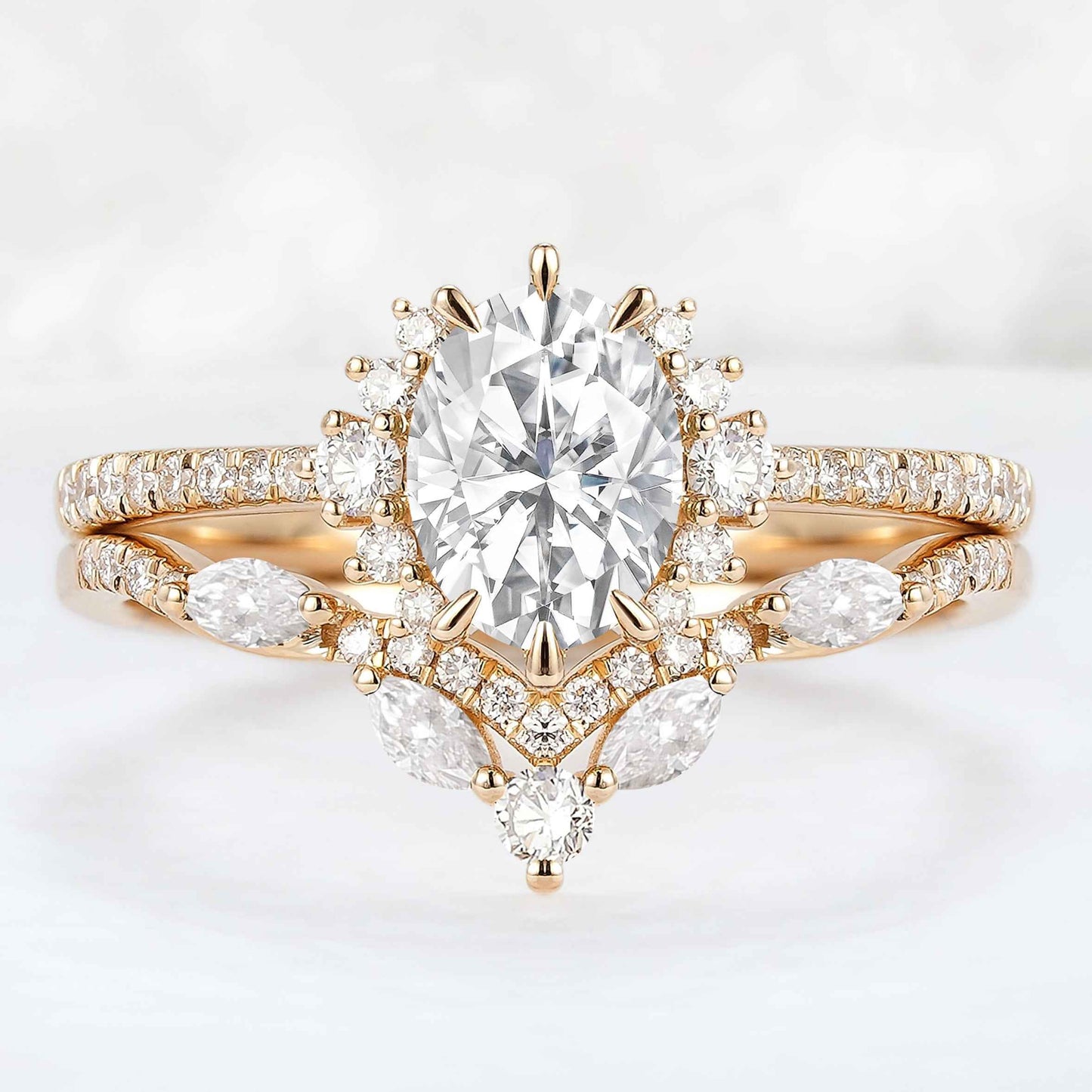 Unique Oval Cut Moissanite Half Enternity Ring Set 2pcs