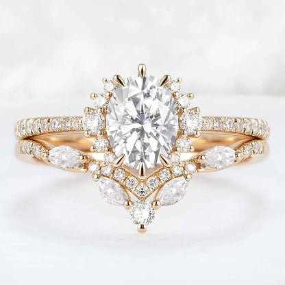Unique Oval Cut Moissanite Half Enternity Ring Set 2pcs