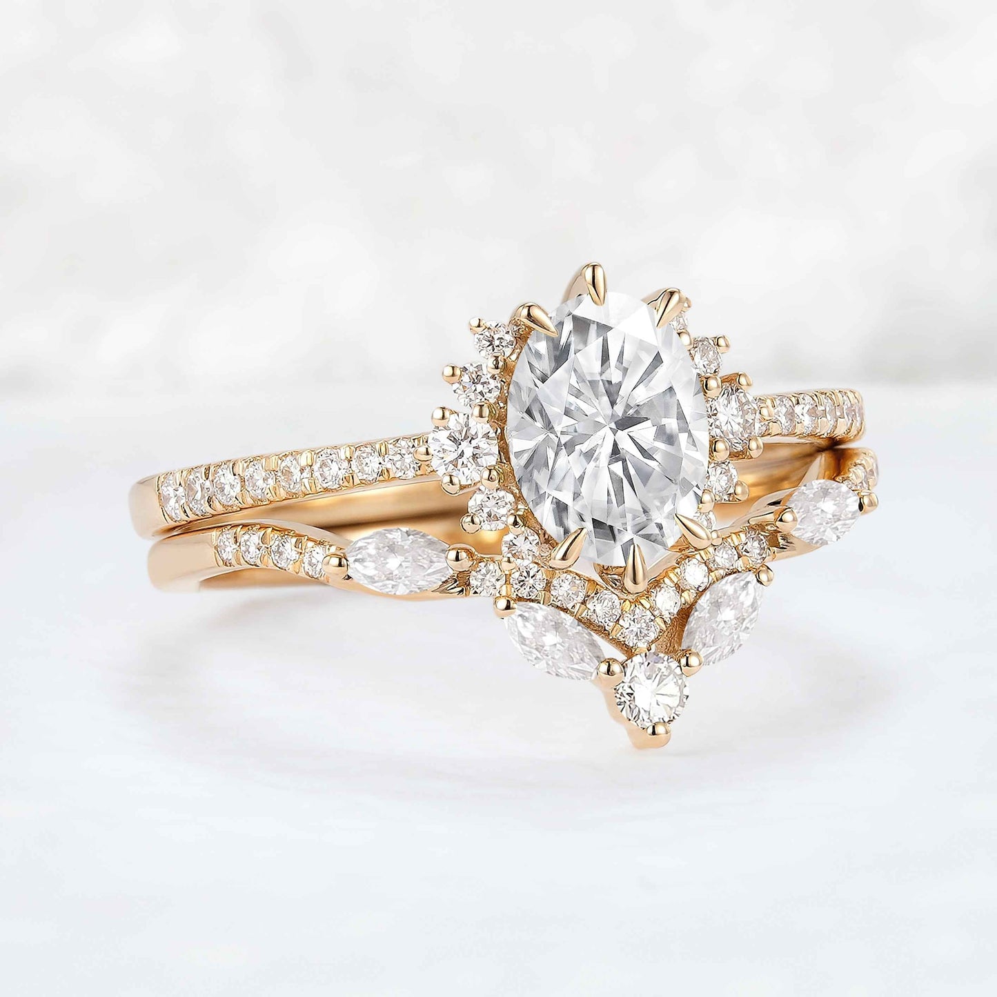 Unique Oval Cut Moissanite Half Enternity Ring Set 2pcs
