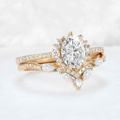 Unique Oval Cut Moissanite Half Enternity Ring Set 2pcs