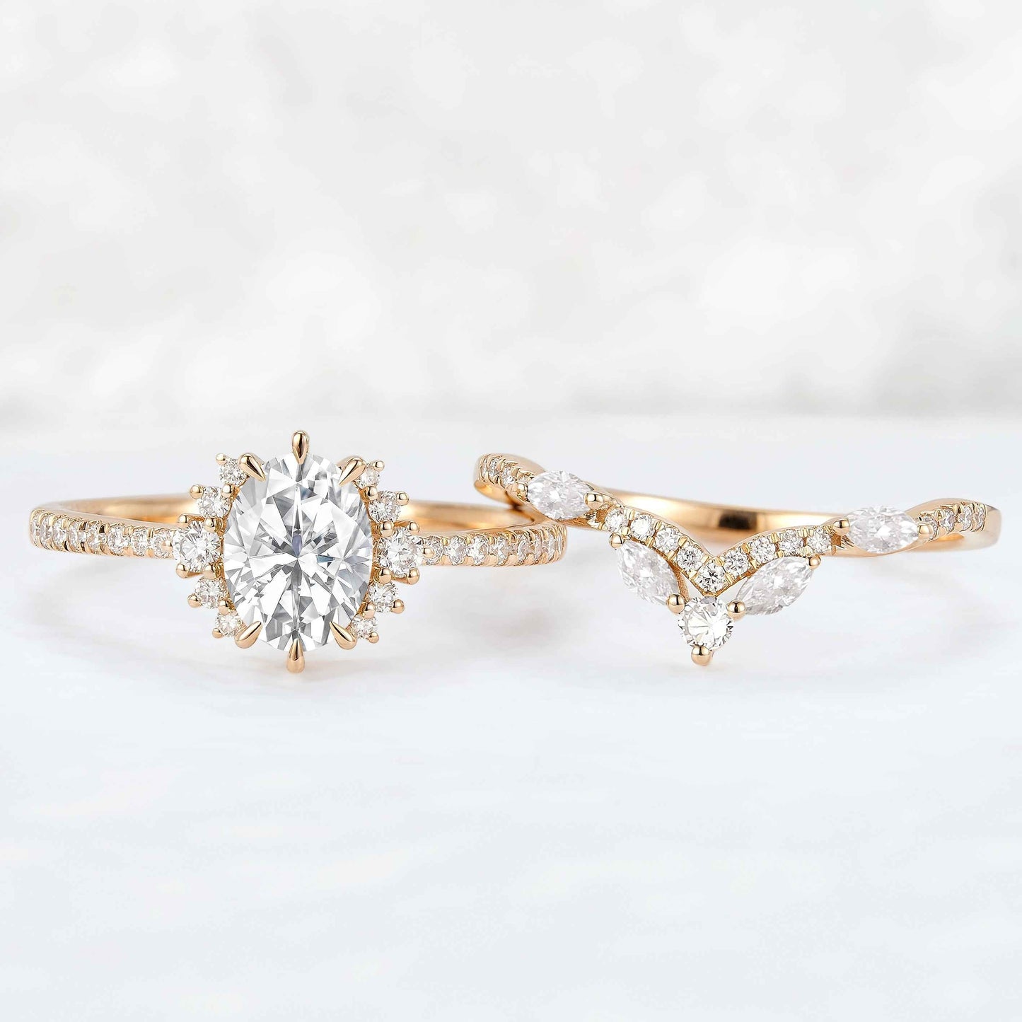 Unique Oval Cut Moissanite Half Enternity Ring Set 2pcs