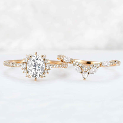 Unique Oval Cut Moissanite Half Enternity Ring Set 2pcs