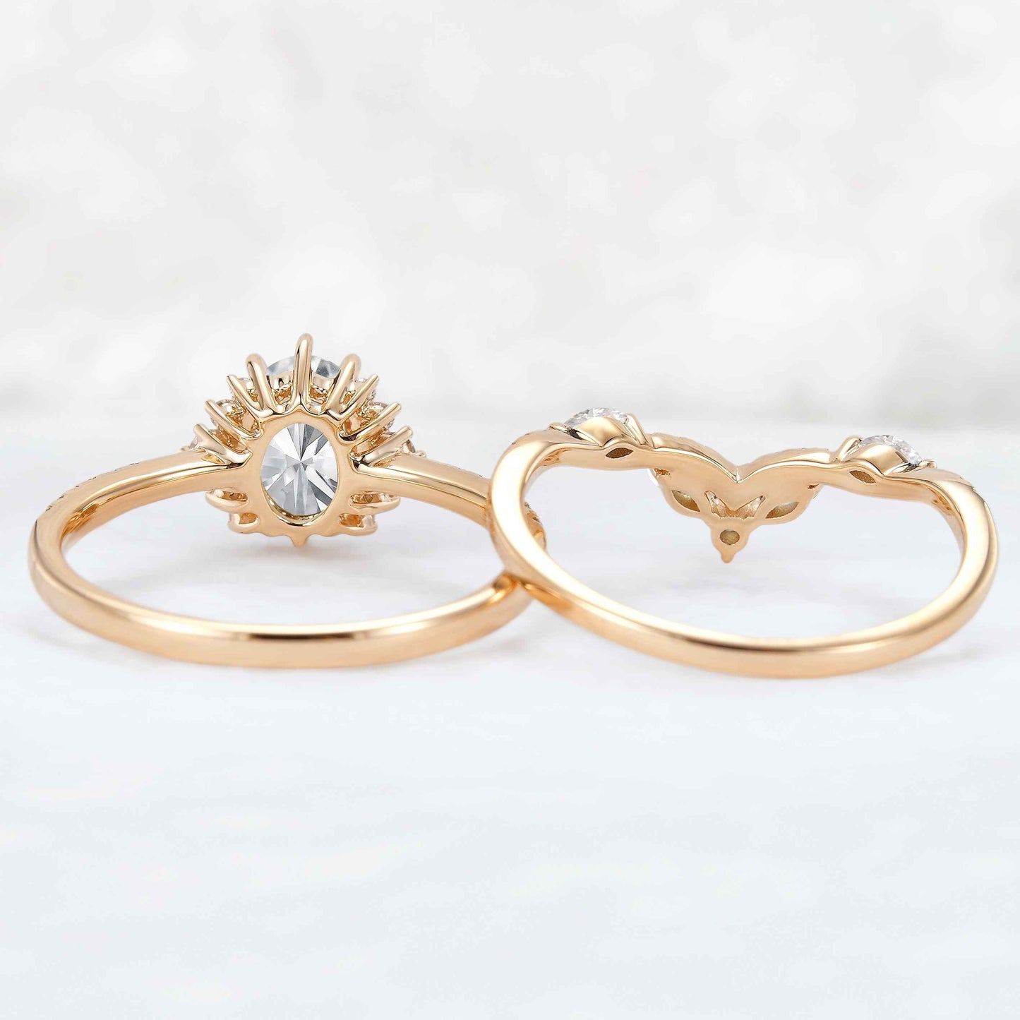 Unique Oval Cut Moissanite Half Enternity Ring Set 2pcs
