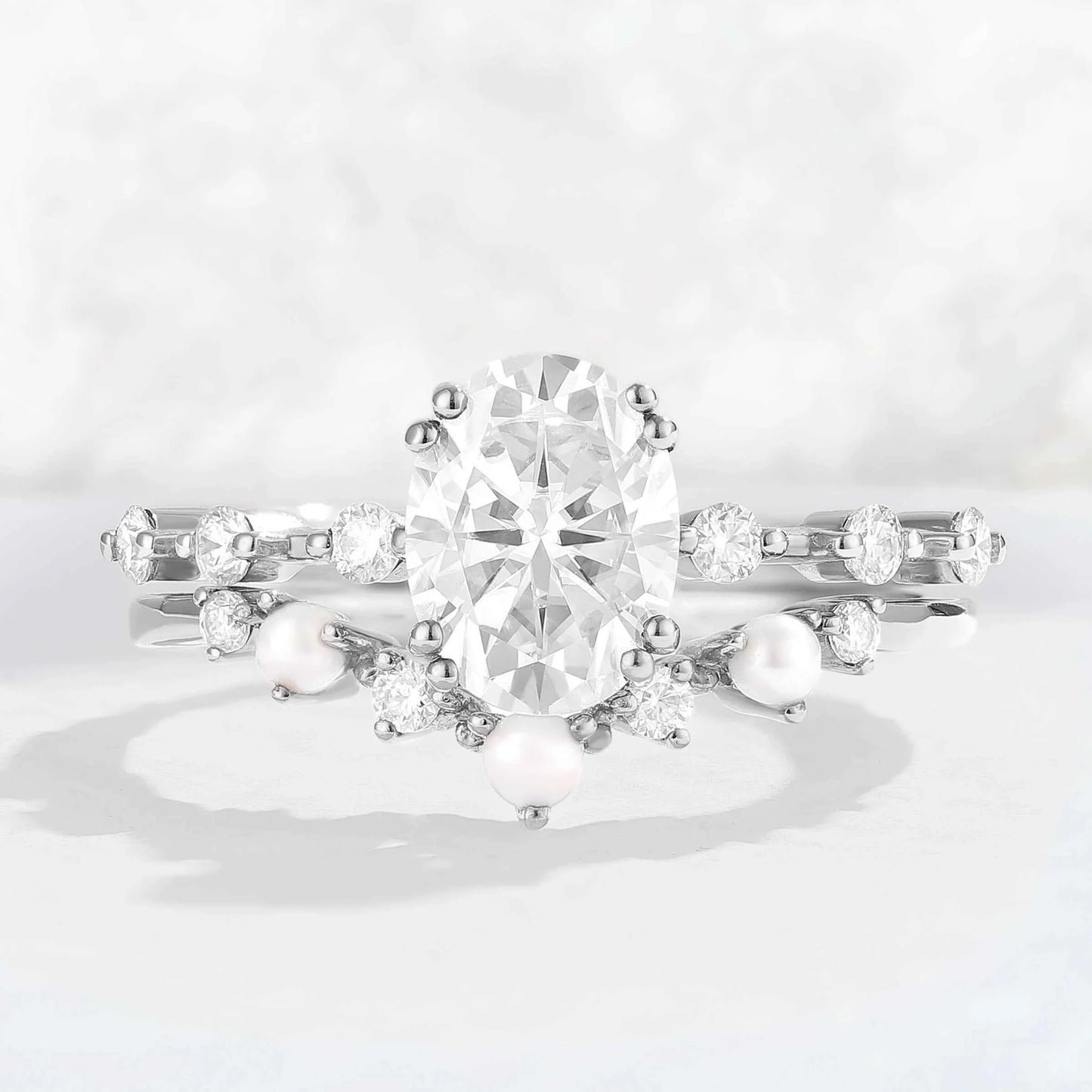 Unique Oval Cut Moissanite Pearl Captivating Gemstone Ring Set 2pcs