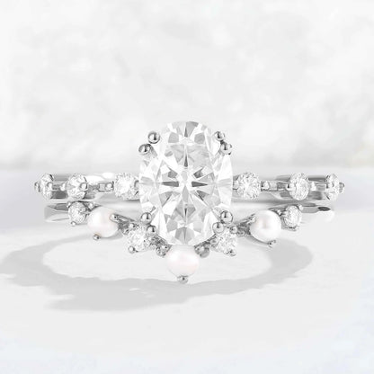 Unique Oval Cut Moissanite Pearl Captivating Gemstone Ring Set 2pcs