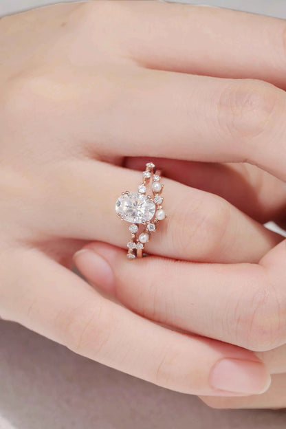 Unique Oval Cut Moissanite Pearl Captivating Gemstone Ring Set 2pcs