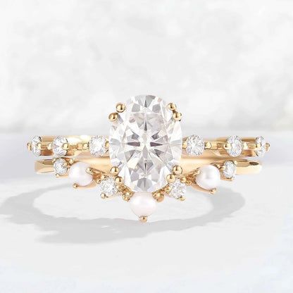 Unique Oval Cut Moissanite Pearl Captivating Gemstone Ring Set 2pcs