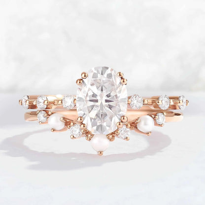 Unique Oval Cut Moissanite Pearl Captivating Gemstone Ring Set 2pcs