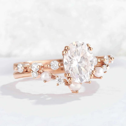 Unique Oval Cut Moissanite Pearl Captivating Gemstone Ring Set 2pcs