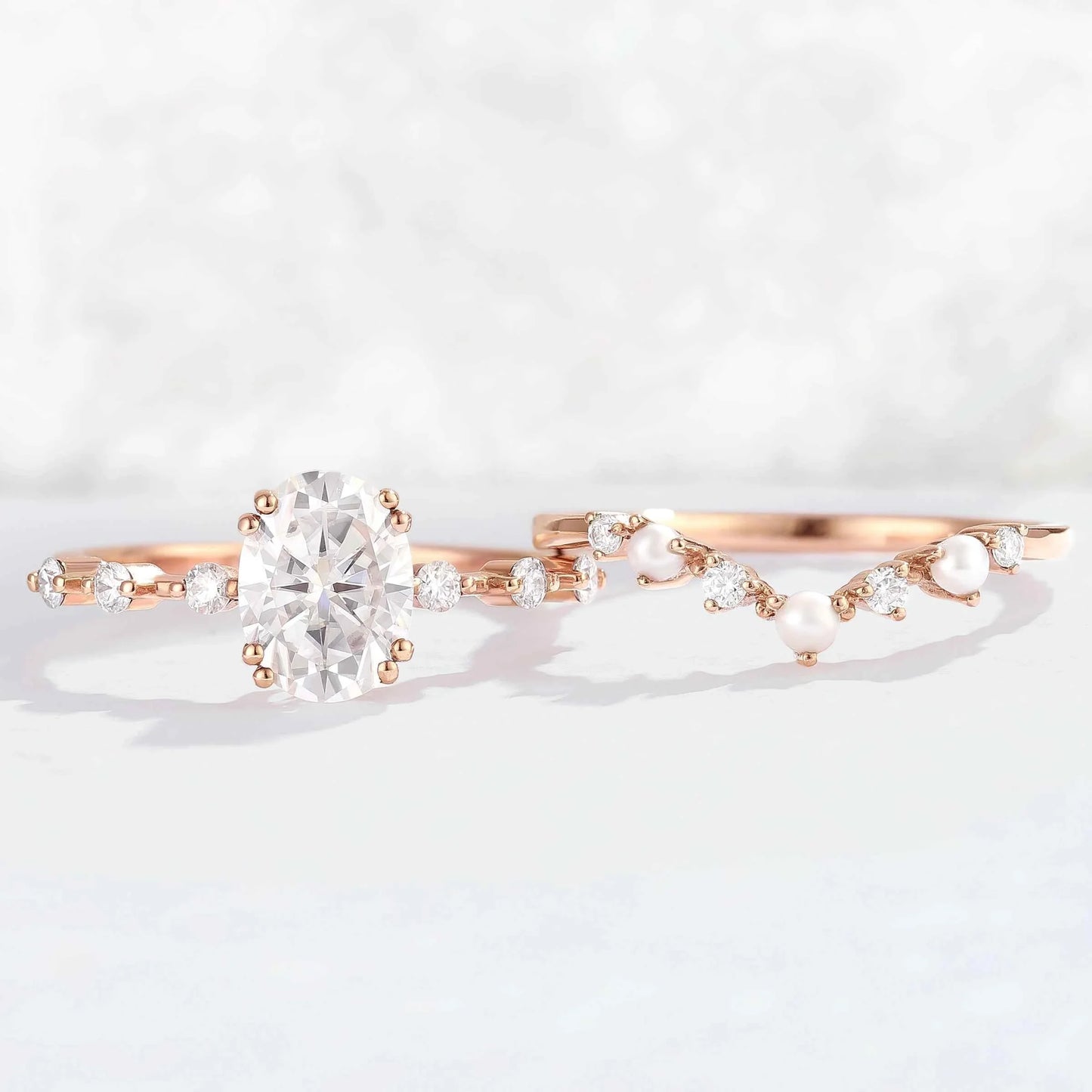 Unique Oval Cut Moissanite Pearl Captivating Gemstone Ring Set 2pcs