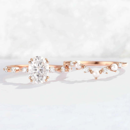Unique Oval Cut Moissanite Pearl Captivating Gemstone Ring Set 2pcs