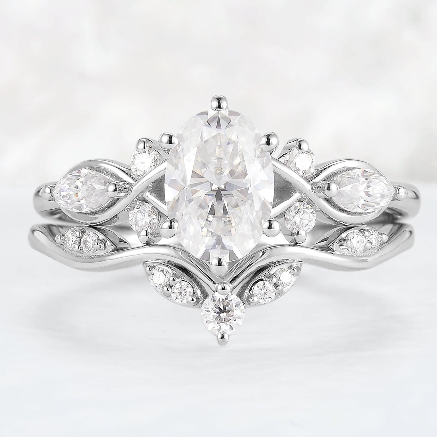 Unique Oval Cut Moissanite Seven Stones Gemstone Ring Set 2pcs