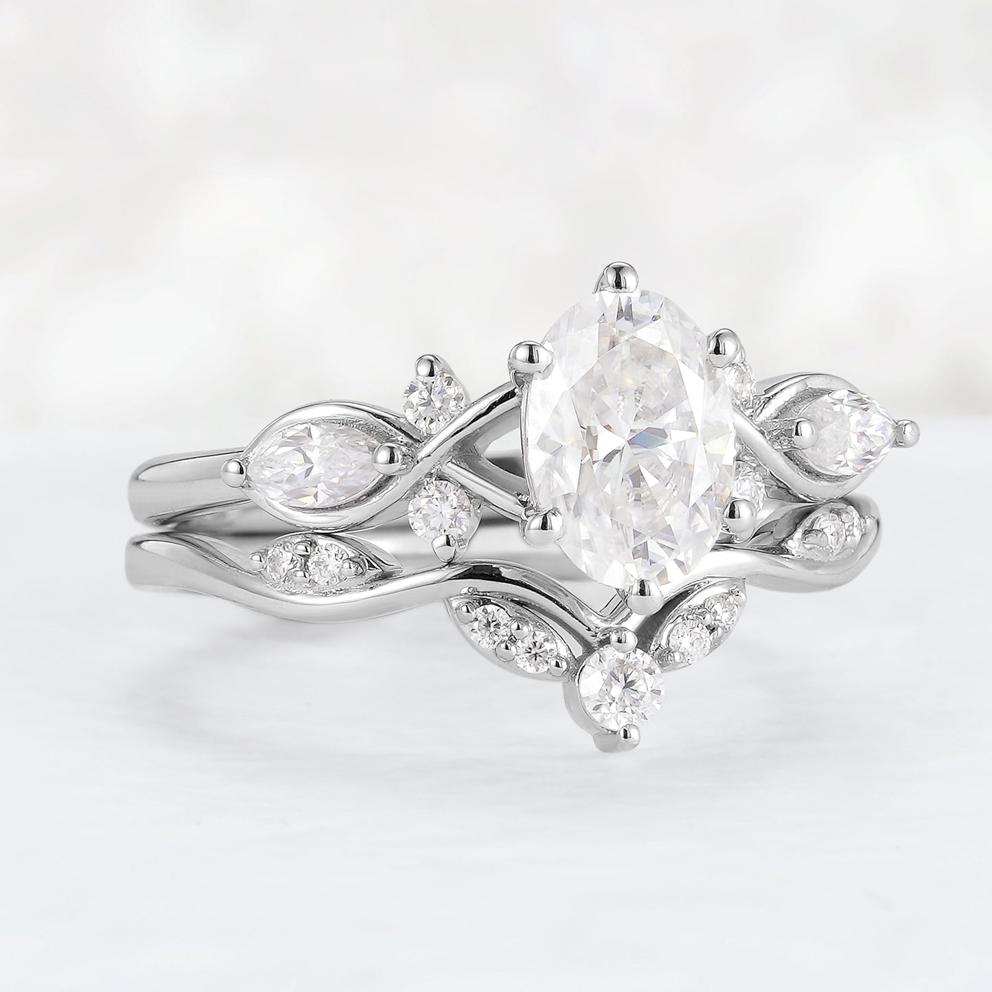Unique Oval Cut Moissanite Seven Stones Gemstone Ring Set 2pcs