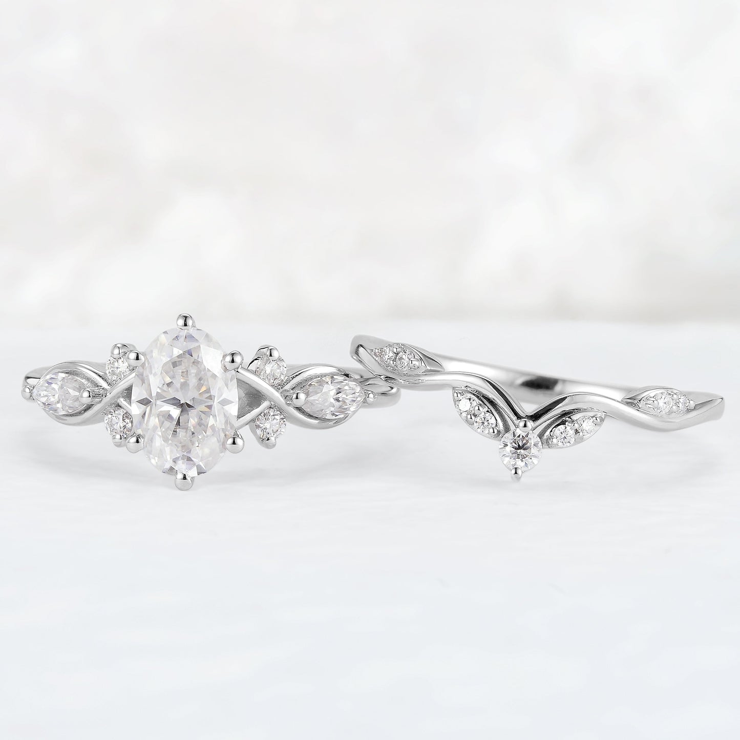 Unique Oval Cut Moissanite Seven Stones Gemstone Ring Set 2pcs