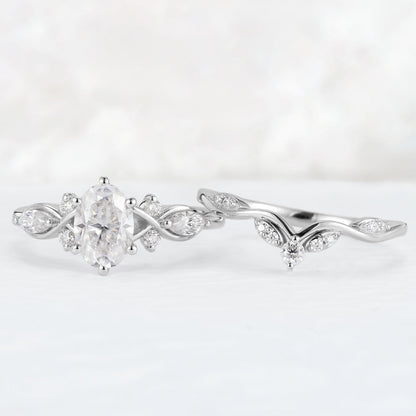 Unique Oval Cut Moissanite Seven Stones Gemstone Ring Set 2pcs