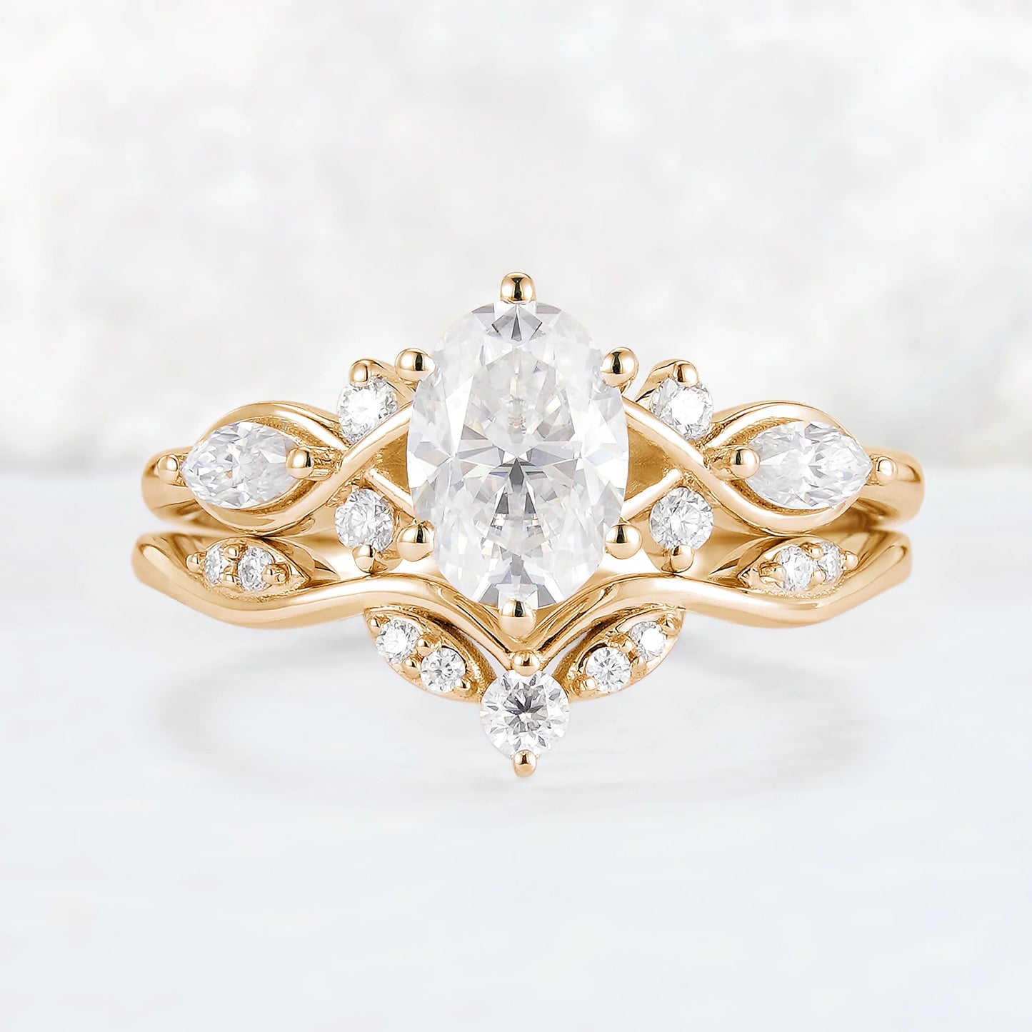 Unique Oval Cut Moissanite Seven Stones Gemstone Ring Set 2pcs
