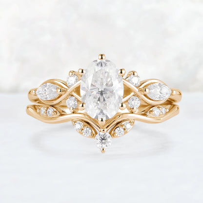Unique Oval Cut Moissanite Seven Stones Gemstone Ring Set 2pcs