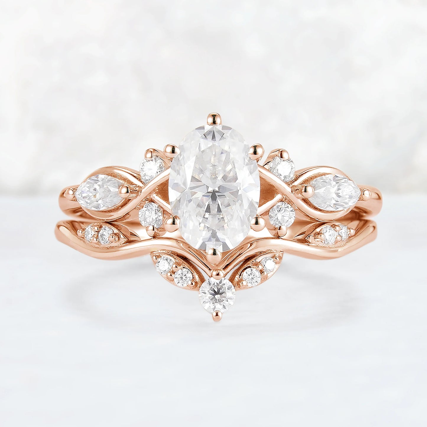 Unique Oval Cut Moissanite Seven Stones Gemstone Ring Set 2pcs