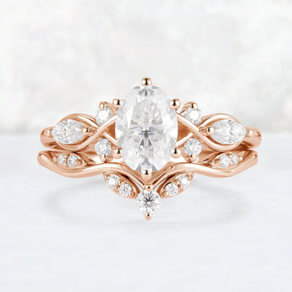 Unique Oval Cut Moissanite Seven Stones Gemstone Ring Set 2pcs