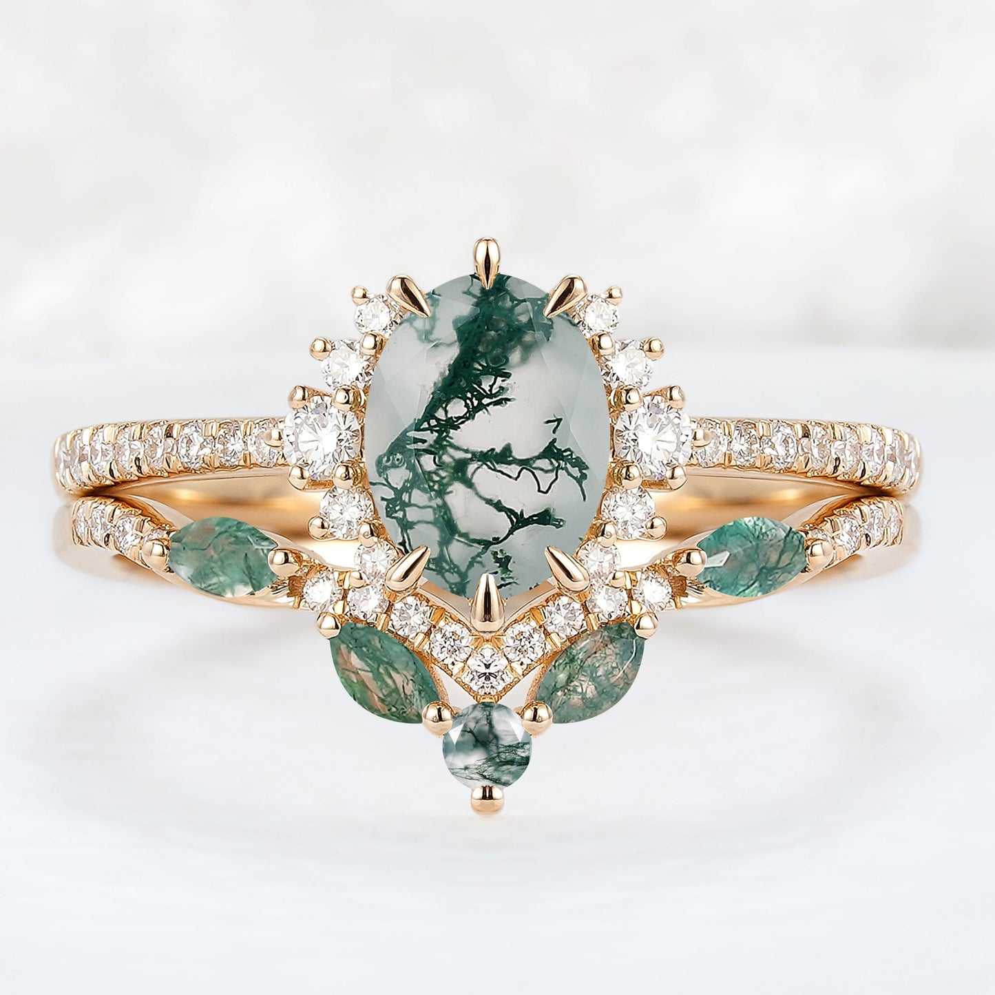 Unique Oval Cut Moss Agate Half Enternity Ring Set 2pcs