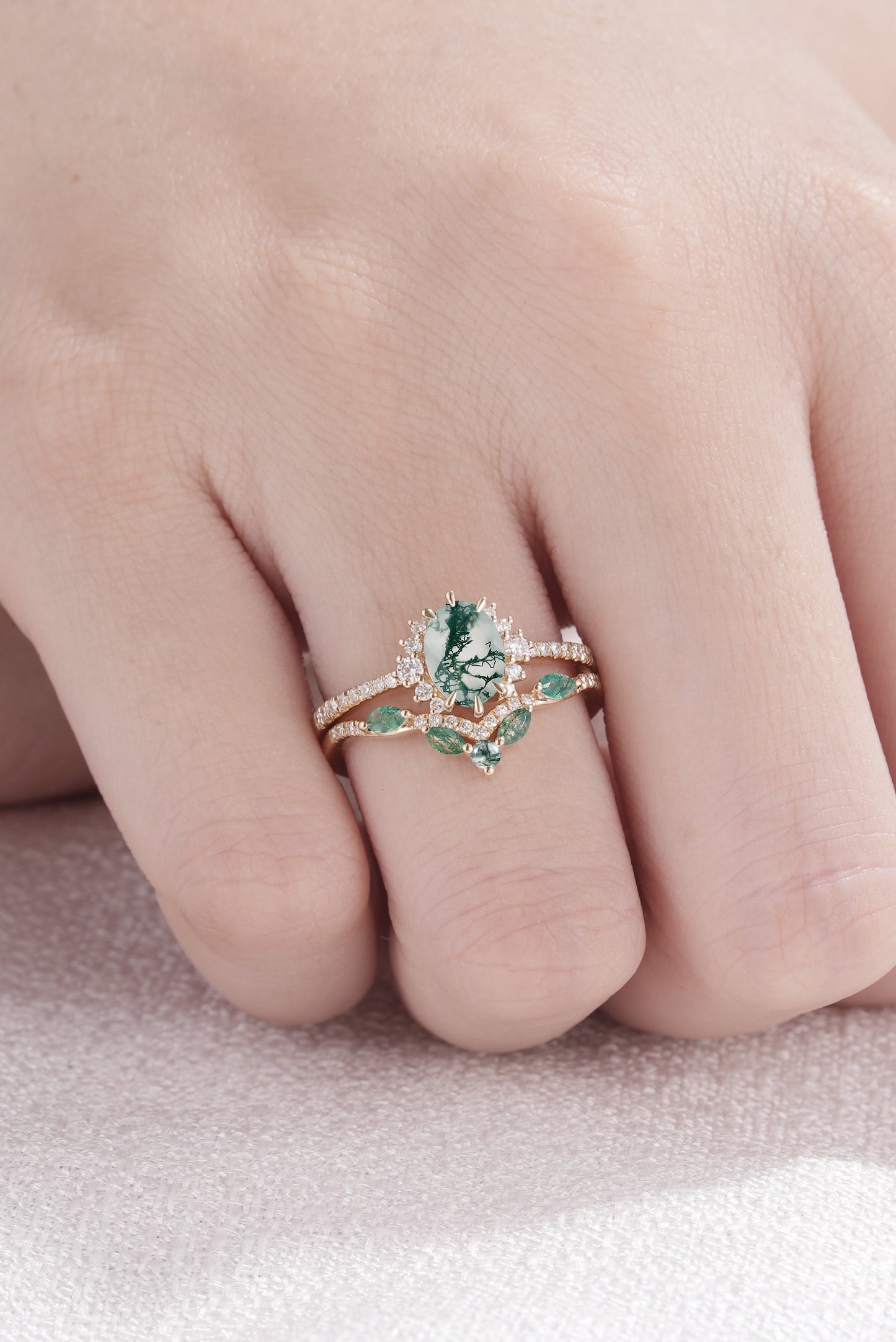 Unique Oval Cut Moss Agate Half Enternity Ring Set 2pcs