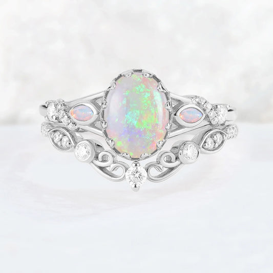 Unique Oval Cut Natural Opal Flora Bezel Inlaid Gemstone Ring