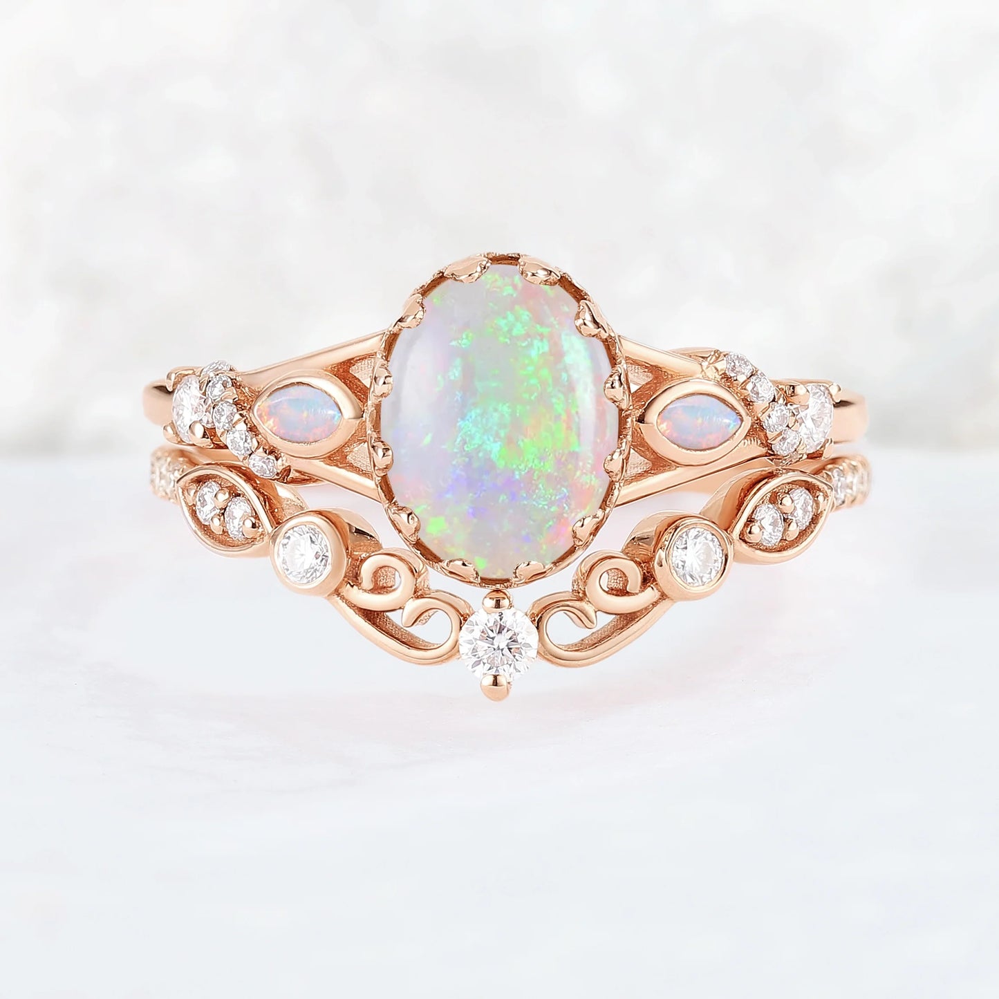 Unique Oval Cut Natural Opal Flora Bezel Inlaid Gemstone Ring