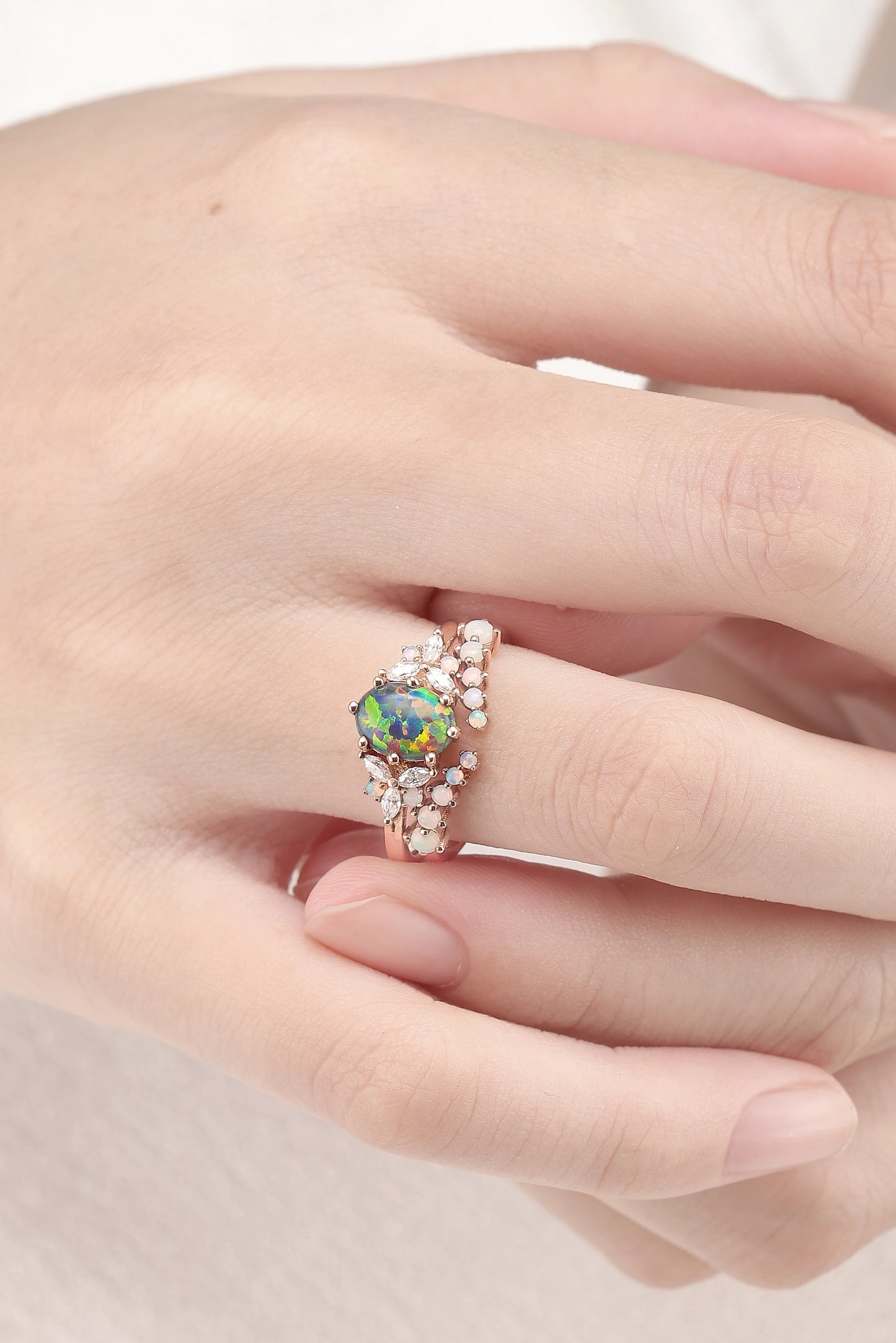 Unique Oval Cut Opal Cluster Gemstone Ring Set 2pcs