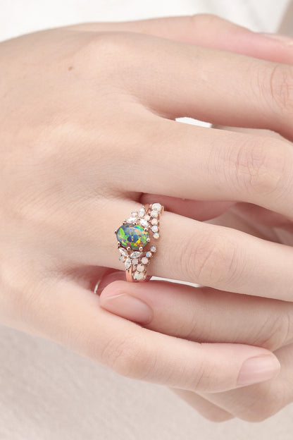 Unique Oval Cut Opal Cluster Gemstone Ring Set 2pcs