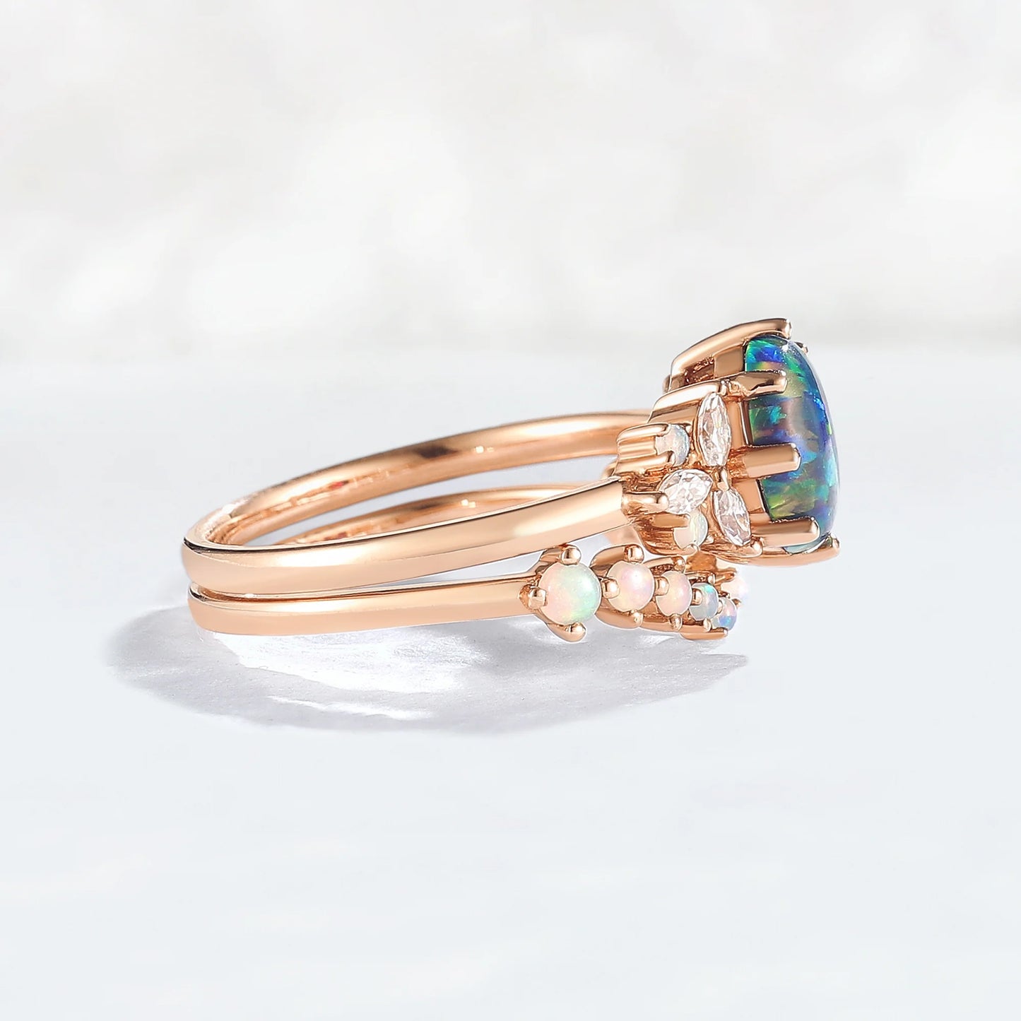 Unique Oval Cut Opal Cluster Gemstone Ring Set 2pcs