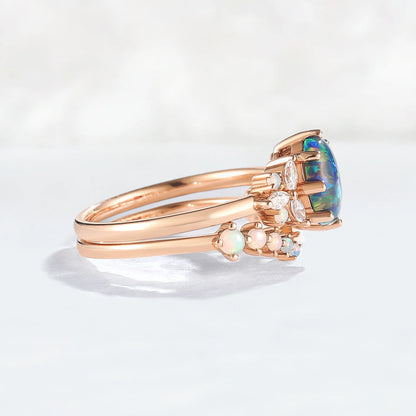 Unique Oval Cut Opal Cluster Gemstone Ring Set 2pcs