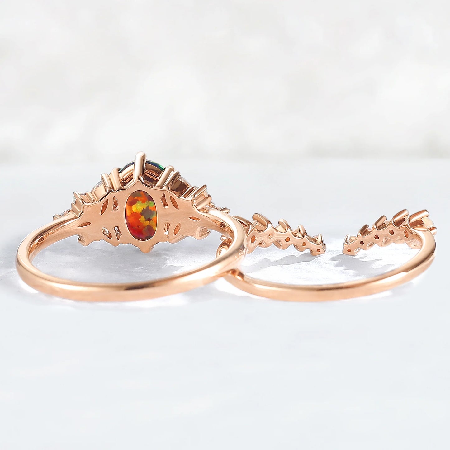 Unique Oval Cut Opal Cluster Gemstone Ring Set 2pcs
