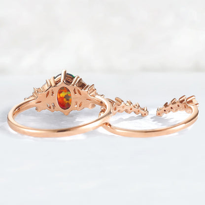 Unique Oval Cut Opal Cluster Gemstone Ring Set 2pcs