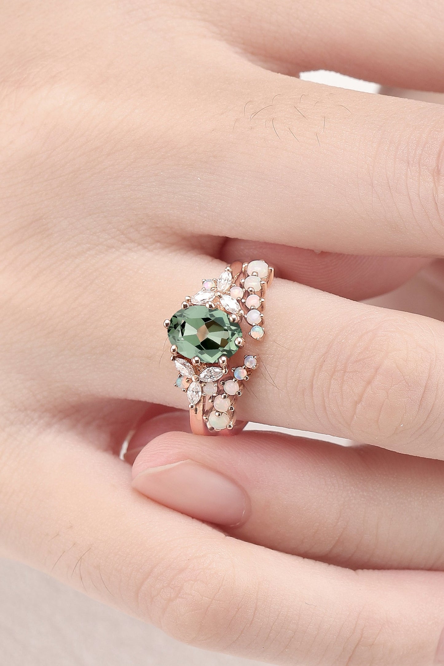 Unique Oval Cut Sapphire Cluster Gemstone Ring Set 2pcs