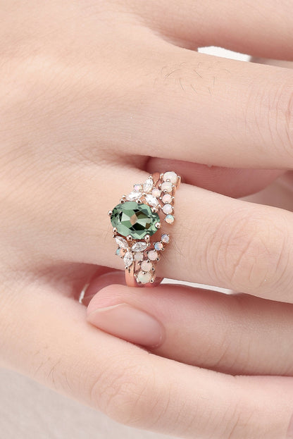 Unique Oval Cut Sapphire Cluster Gemstone Ring Set 2pcs