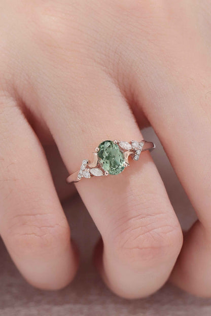 Unique Oval Green Sapphire Moon Gemstone Ring
